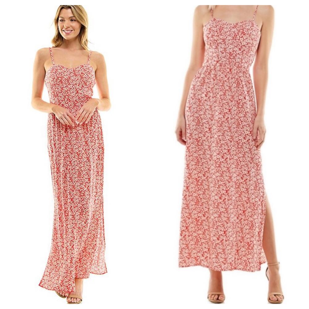 Lily Rose Red Ditsy Floral Smocked Side Slit Maxi Dress Molded Cup Sz M Milkmaid